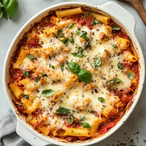 A baked ziti in a white casserole, featuring rigatoni in tomato sauce, topped with melted cheese, fresh basil leaves, and black pepper. Fresh basil and a wooden spoon are nearby.