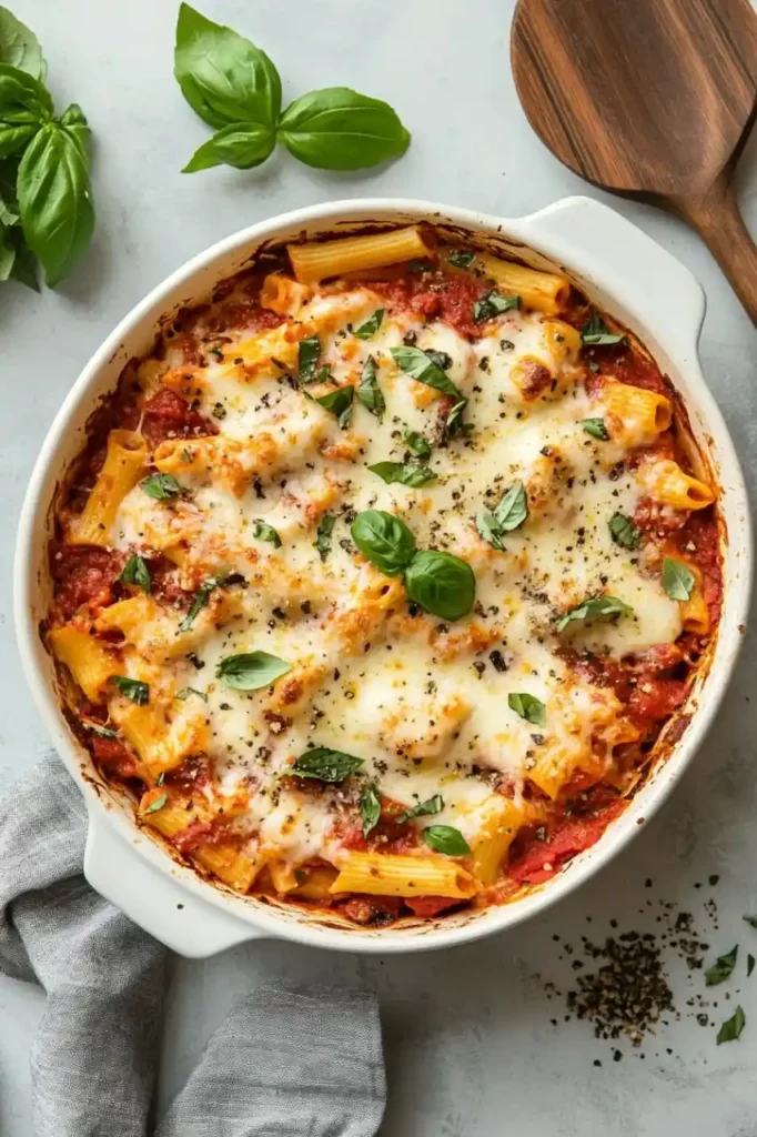 A baked ziti in a white casserole, featuring rigatoni in tomato sauce, topped with melted cheese, fresh basil leaves, and black pepper. Fresh basil and a wooden spoon are nearby.