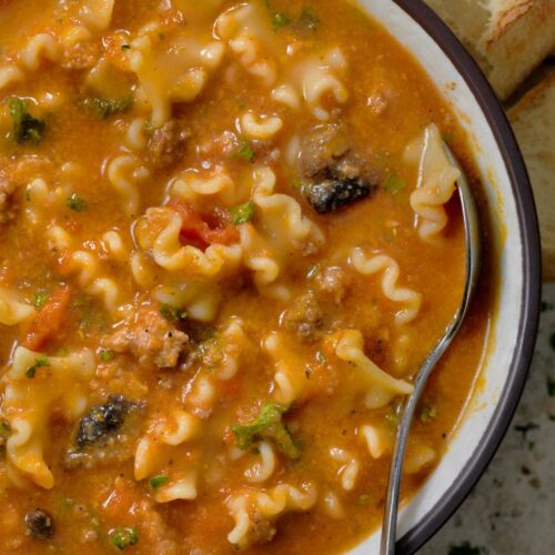 One Pot Lasagna Soup in bowl with spoon