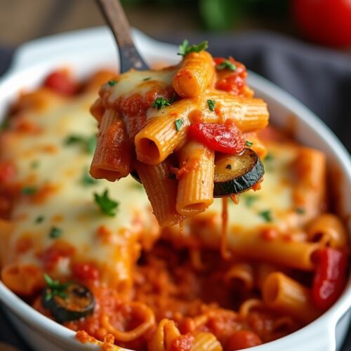 vegetable bake pasta in dish with Spoonful of vegetable pasta bake being lifted above the dish