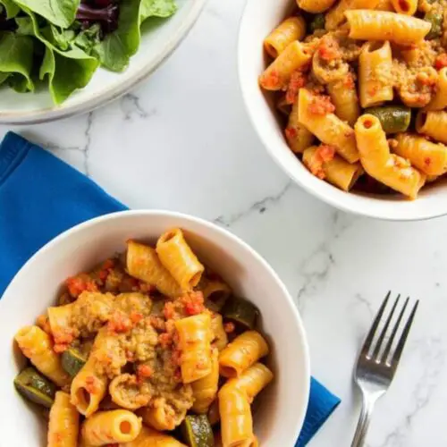 Vegetable Pasta Bake in two bowls with fork