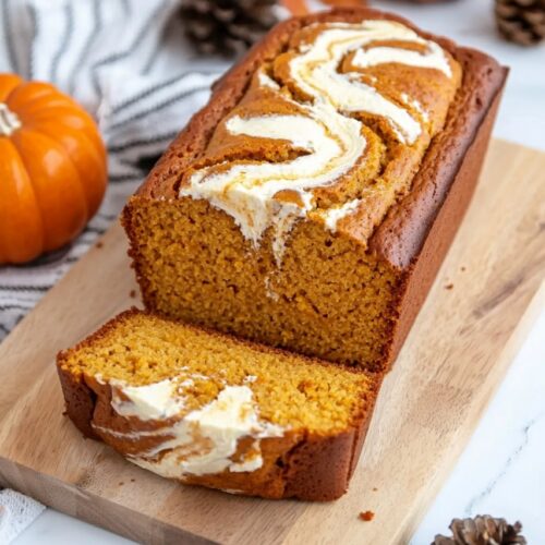 Pumpkin Bread With Cream Cheese Swirl on wooden table