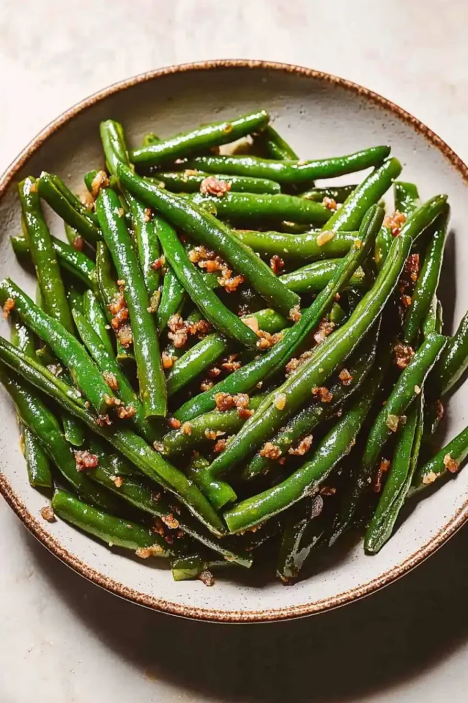 top down view of sweet and sour green beans with walnuts in plate