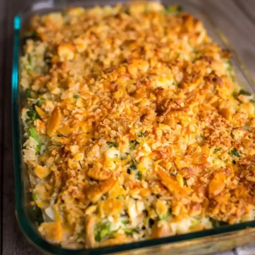 Turkey Cabbage Casserole with Rice in glass dish