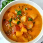 A white bowlstew with chunks of potatoes, diced tomatoes, and green beans, garnished with chopped parsley on a marble surface with a cloth napkin nearby.