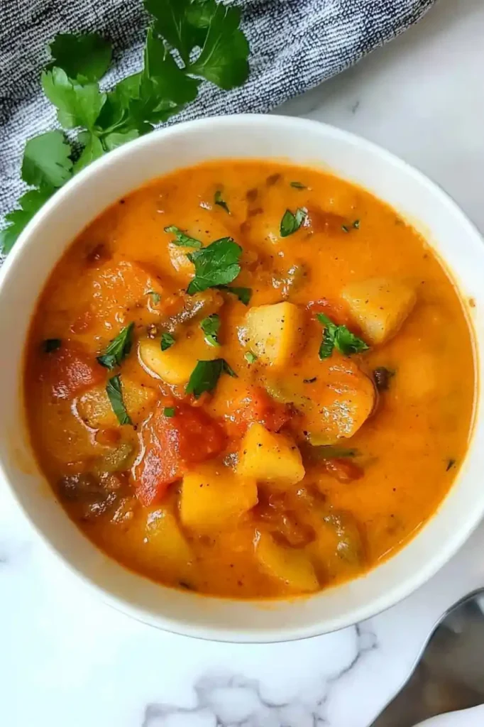 A white bowlstew with chunks of potatoes, diced tomatoes, and green beans, garnished with chopped parsley on a marble surface with a cloth napkin nearby.