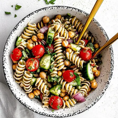 Italian Pasta Salad With Chickpeas in white bowl