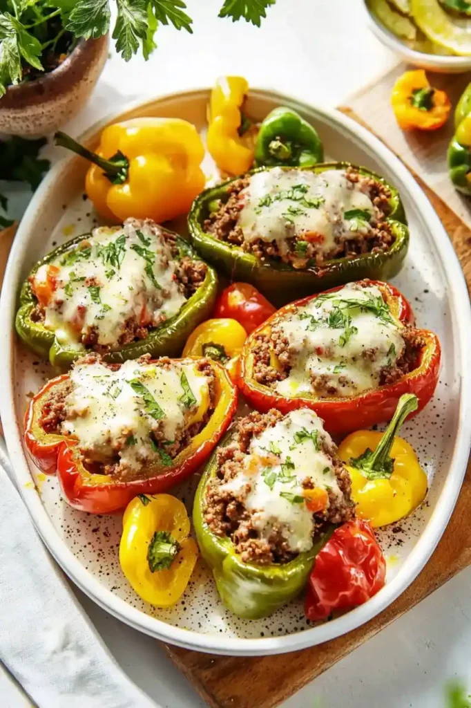 top down view stuffed cherry peppers with cream chheese and ground beef in white tray