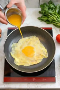 Pour the beaten eggs over the rice paper