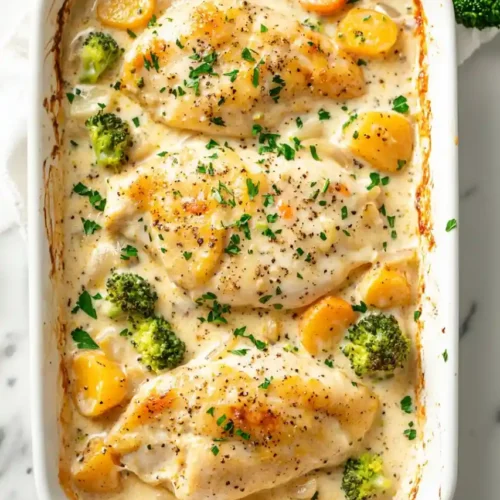 Baked Chicken With Cream Of Mushroom Soup And Vegetables in white rectangle dish