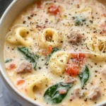 A white bowl of creamy tortellini soup with spinach, diced tomatoes, sausage pieces, and black pepper, set on a marble surface with a gray cloth napkin in the background.