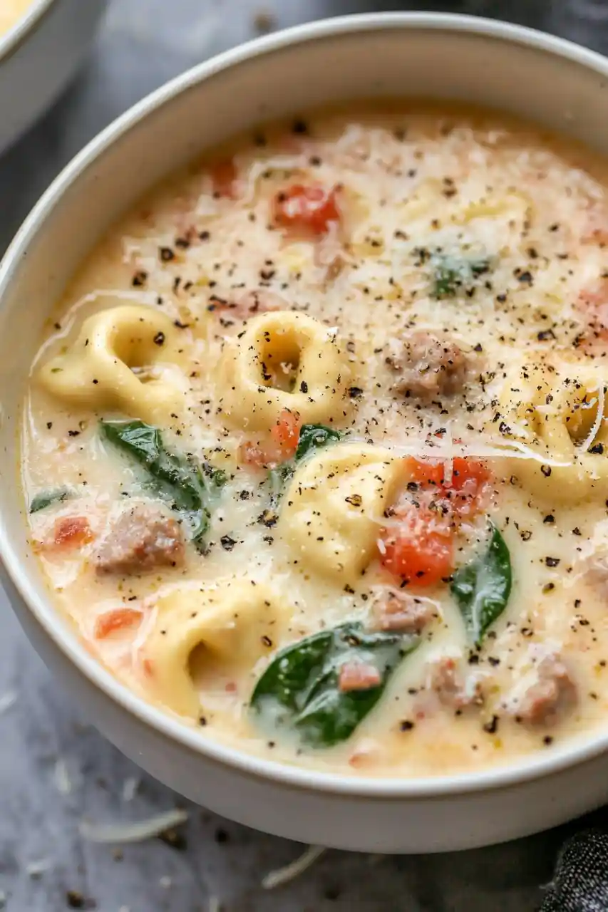 A white bowl of creamy tortellini soup with spinach, diced tomatoes, sausage pieces, and black pepper, set on a marble surface with a gray cloth napkin in the background.
