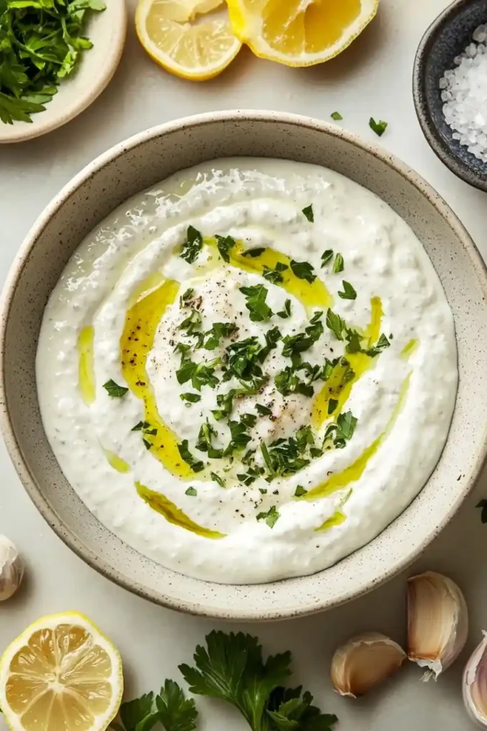 Veggie rice bowl sauce in white bowl garnished with fresh parsley leaves and drizzled with olive oil 