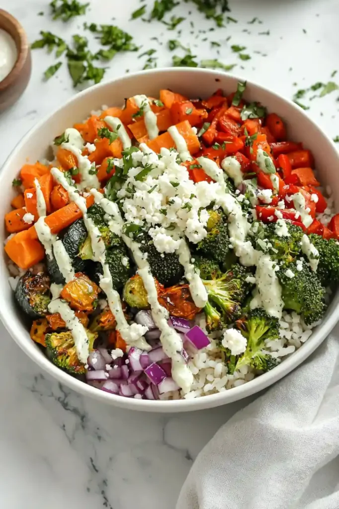  veggie rice bowl with roasted vegetables sprinkled with sauce
