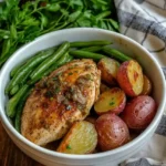 oven baked chicken and lipton onion soup mix with green beans and potatoes