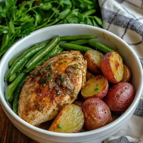 oven baked chicken and lipton onion soup mix with green beans and potatoes