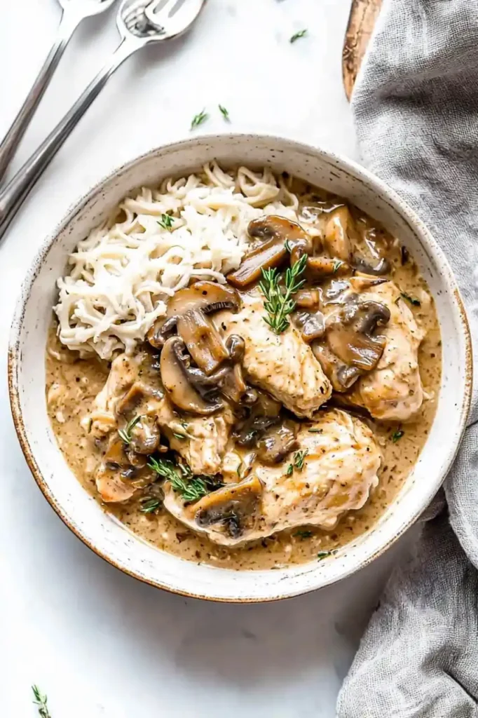 top down view of creamy mushroom chicken