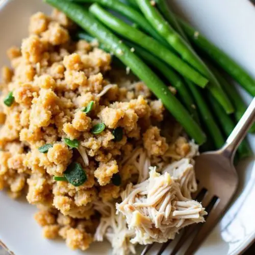 3 ingredient crockpot chicken and stuffing with bean in white plate