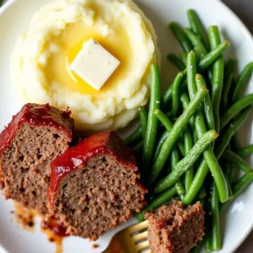 Brenda Gantt’s Meatloaf with mashed potatoes , green beans and butter