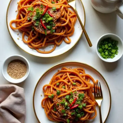 Gyu Kaku Garlic Noodles in two plates with fork places on side