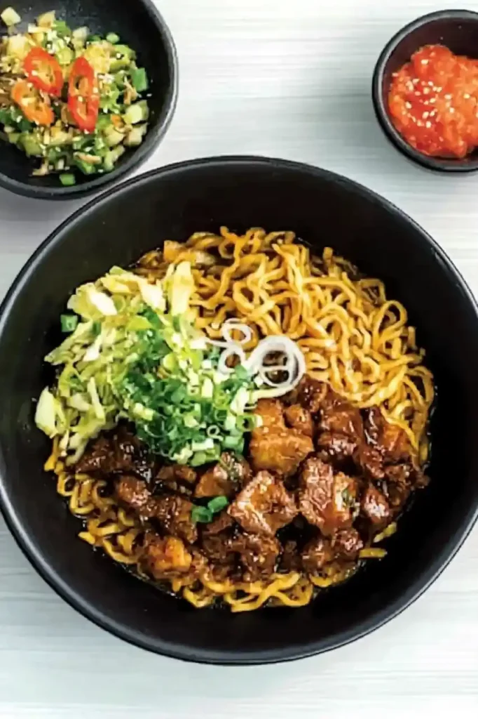 Gya kaku garlic noodle is place in black pan , and nearbly bowl filled with slices of tomatois placed