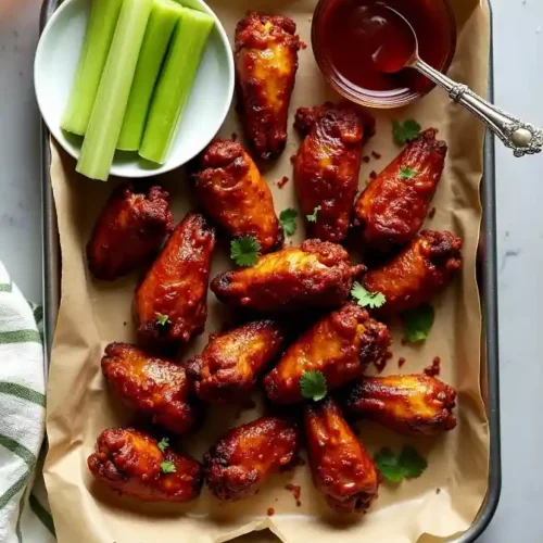 top view of wings with henessey sauce in glass bowl