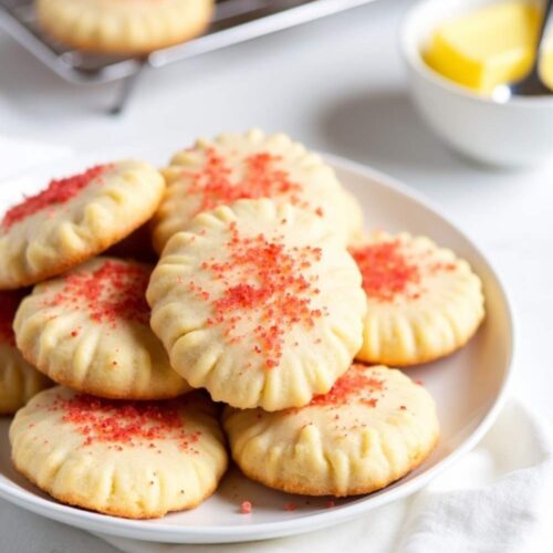 A close-up view of freshly baked Salpores de Arroz with a cracked surface, topped with vibrant red sugar crystals.