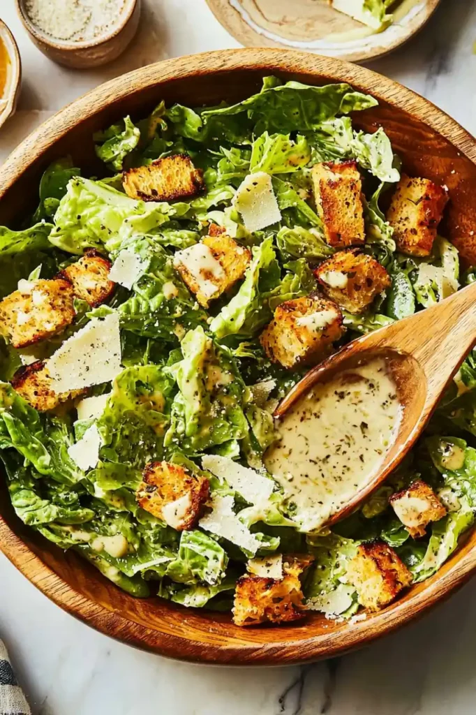 Caesar salad in wooden bowl with wooden spoon is place in it