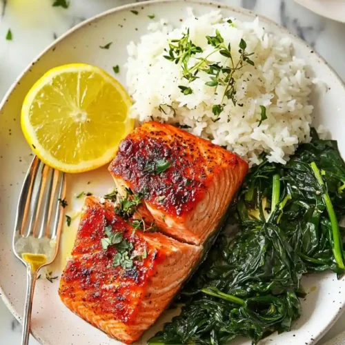 texas roadhouse salmon served with rice and spinach in white plate and fork is place nearby