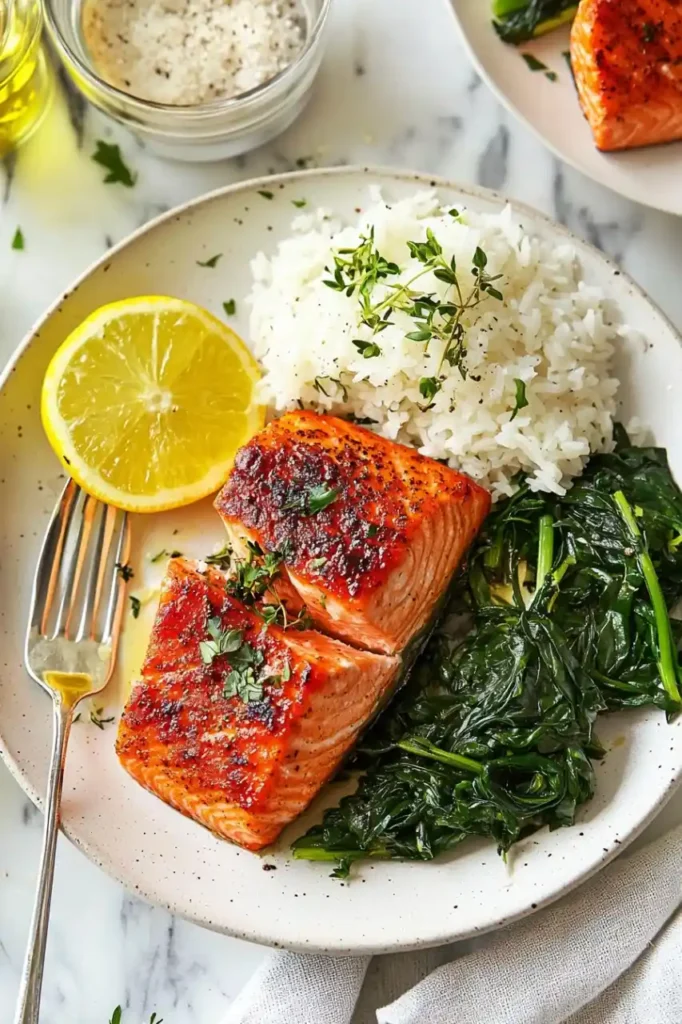 texas roadhouse salmon served with rice and spinach in white plate and fork is place nearby