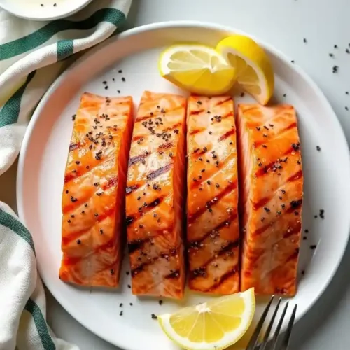 Texas Roadhouse Salmon Recipe in whte plate and fork placed near the plate