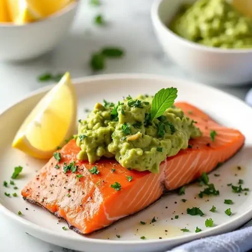 Salmon Guacamole in white plate with lemon wedge