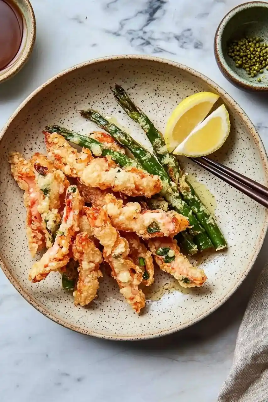 salmon tempura with lemon wedges