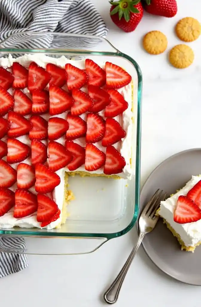 sugar cookie strawberry shortcake in a square glass baking dish with one portion removed.