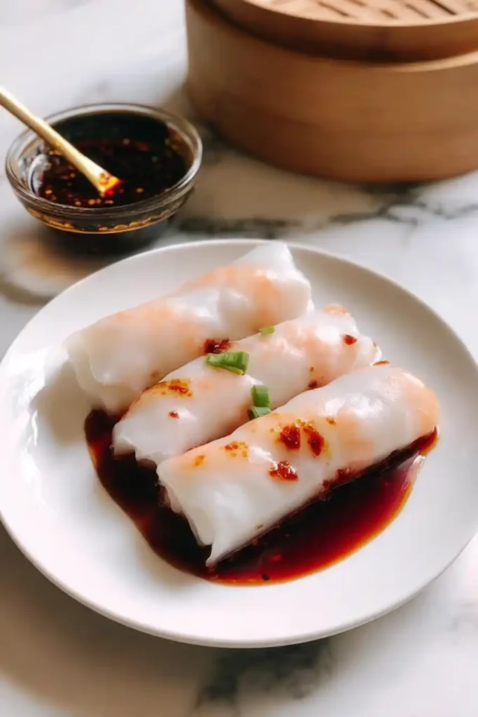 Three shrimp rice noodle rolls (Cheung Fun) served on a white plate, topped with soy-based sauce and garnished with chopped green onions and chili oil, with a bowl of dipping sauce and a bamboo steamer in the background.