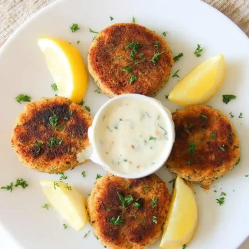 A white plate featuring four golden salmon patties arranged in a circular pattern, garnished with fresh parsley. In the center, a small bowl of creamy dipping sauce is placed, with lemon wedges and additional parsley scattered around the plate.