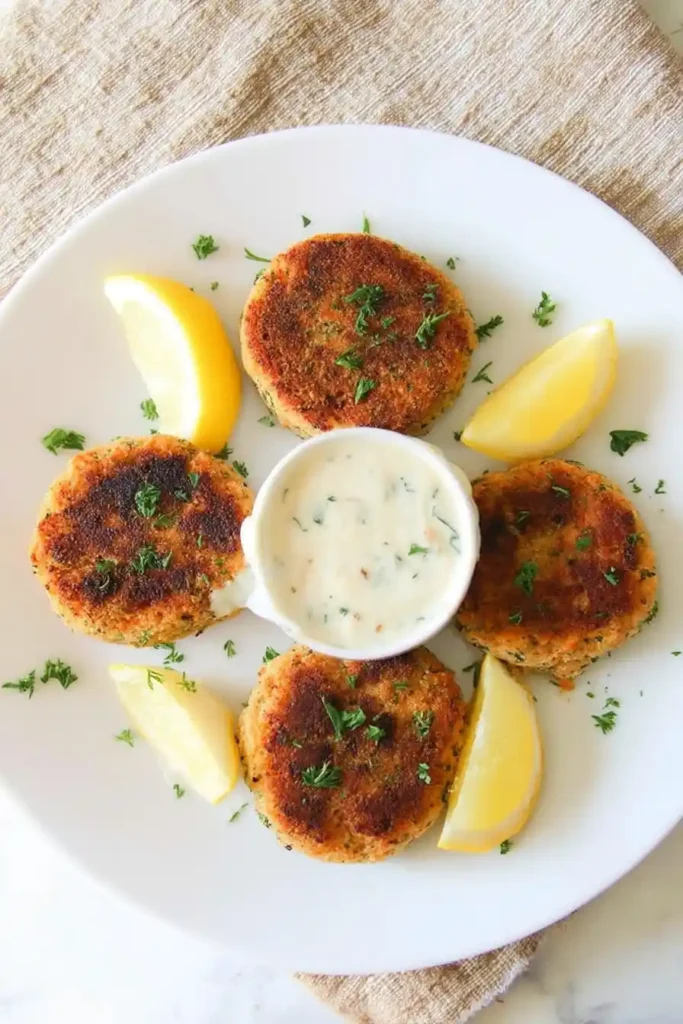 A white plate featuring four golden salmon patties arranged in a circular pattern, garnished with fresh parsley. In the center, a small bowl of creamy dipping sauce is placed, with lemon wedges and additional parsley scattered around the plate.