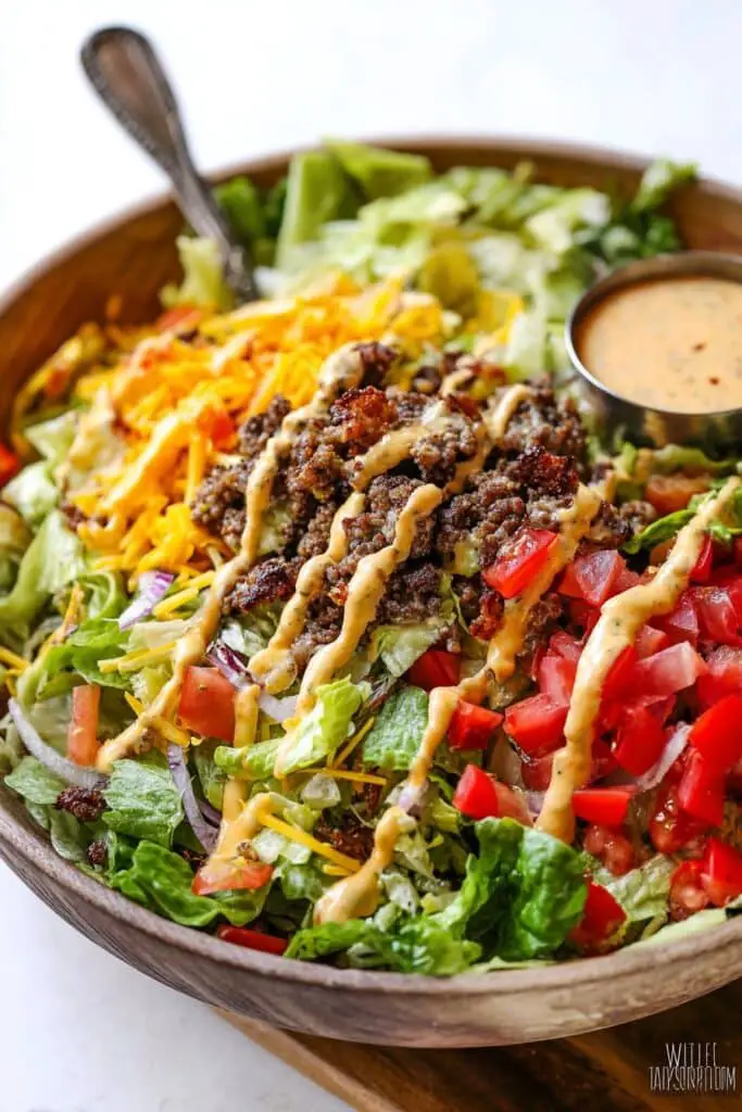 Close bowl of Cheeseburger Salad Bowl