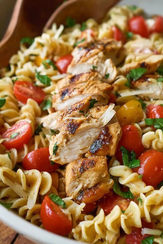 Grilled Chicken Bruschetta Pasta Salad close view