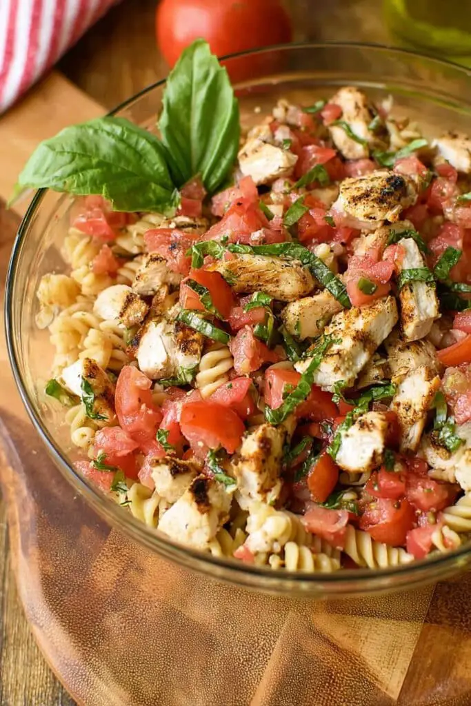 Grilled Chicken Bruschetta Pasta Salad after decoration