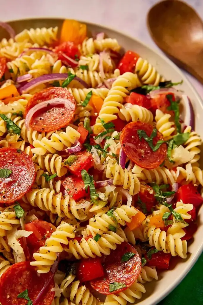 Pepperoni Pasta Salad in white bowl