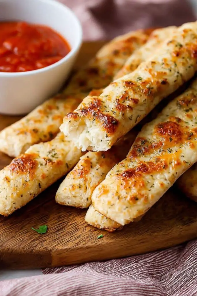  Cottage Cheese Breadsticks place on woooden table with ketchup