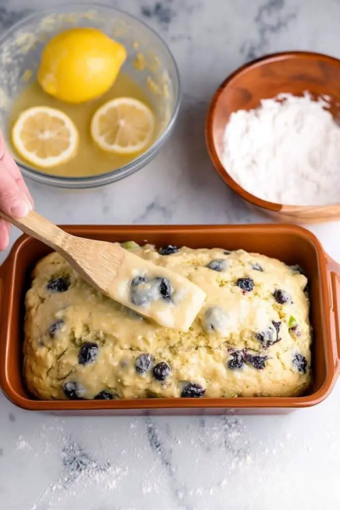 Pouring batter in loaf shape pan
