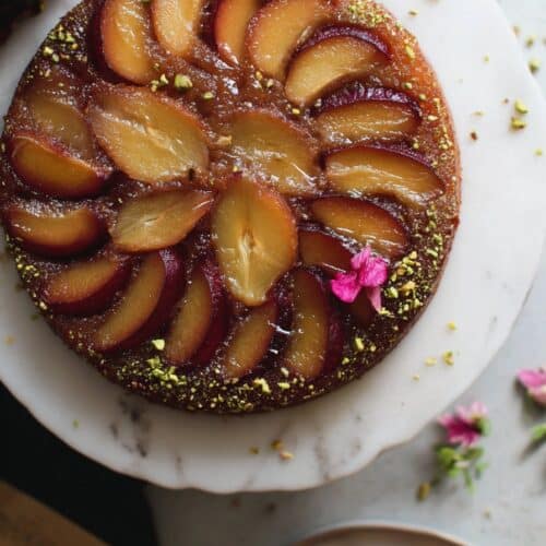 Full nectarine cake on cake stand
