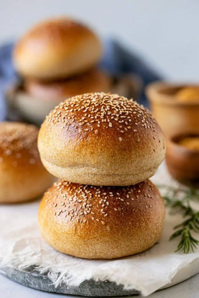Stack of Honey Whole Wheat Hamburger Buns 