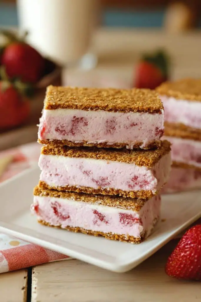 stacks of strawberry graham cracker ice cream sandwiches