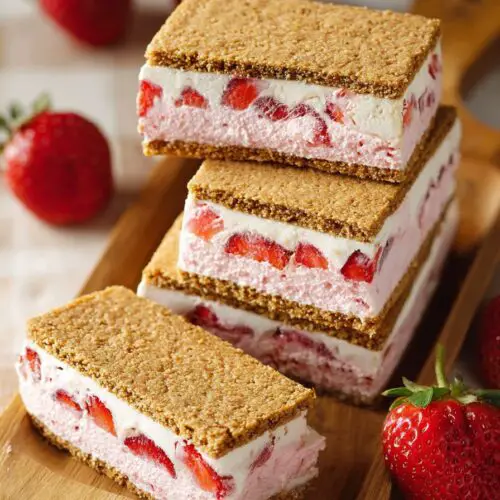 stack of strawberry graham cracker sandwiches place on wooden table